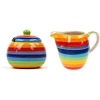Azucarero y jarra de leche de cerámica multicolor arco iris- a rayas.